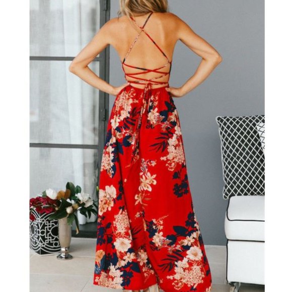 Red Floral Maxi w/ Crisscross Tie Back - Picture 2 of 6